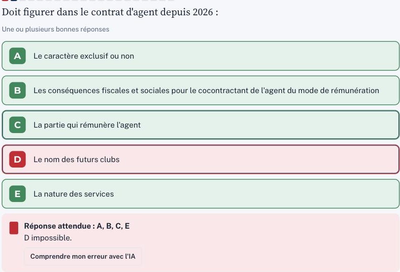 Correction d’un QCM : bonnes réponses en vert, erreur en rouge, et réponse attendue rappelée en dessous.
