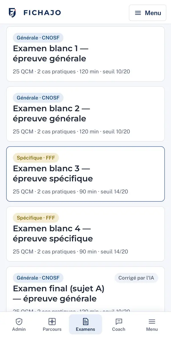 La liste des examens blancs sur téléphone.
