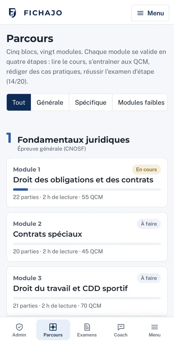 Le parcours des modules sur téléphone.