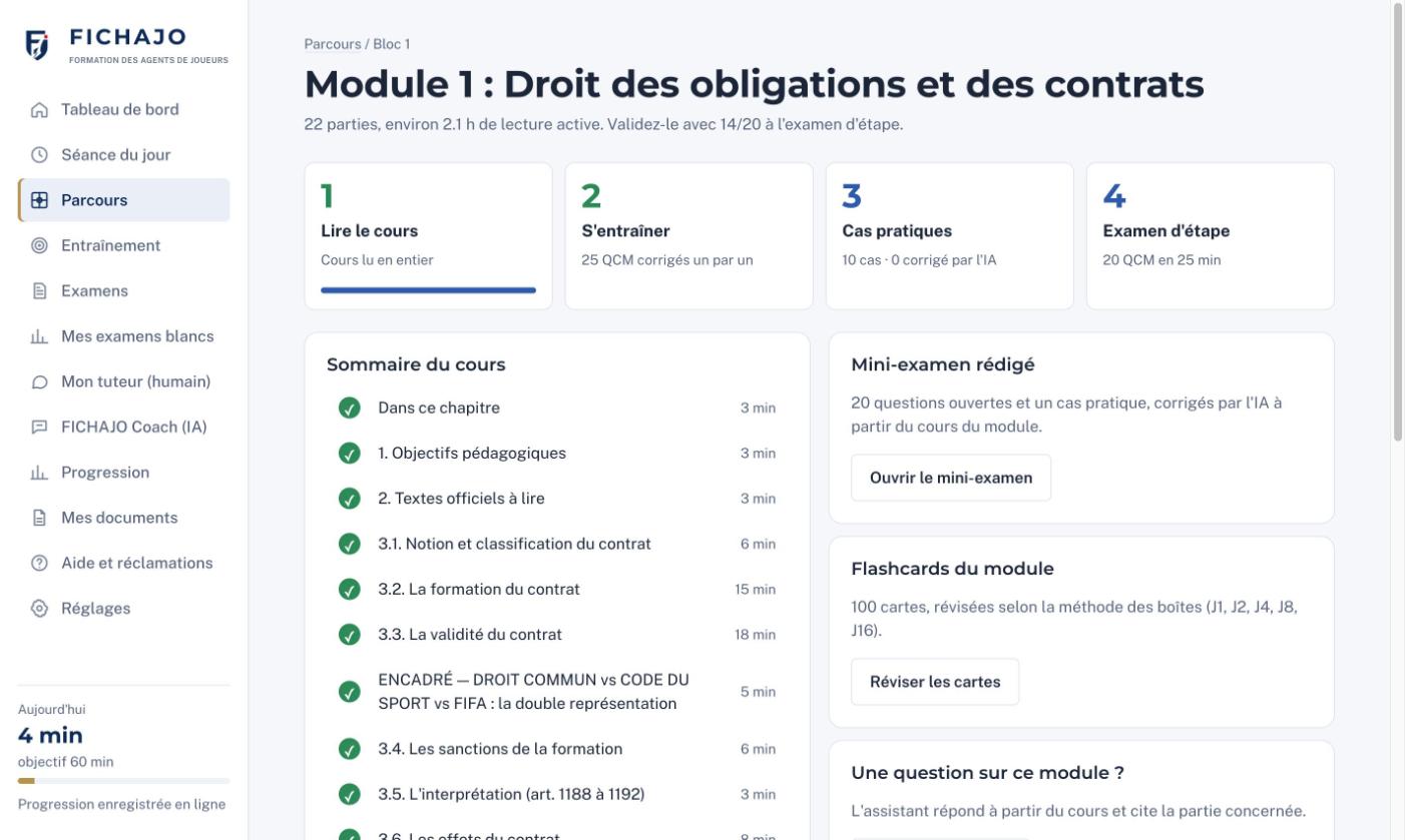 Un module et son sommaire découpé en séances courtes