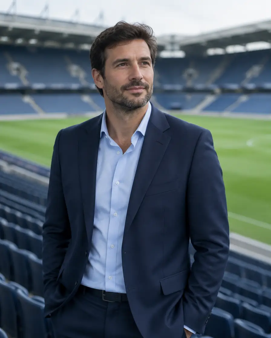 Un agent de joueurs en costume bleu marine dans les tribunes d'un stade